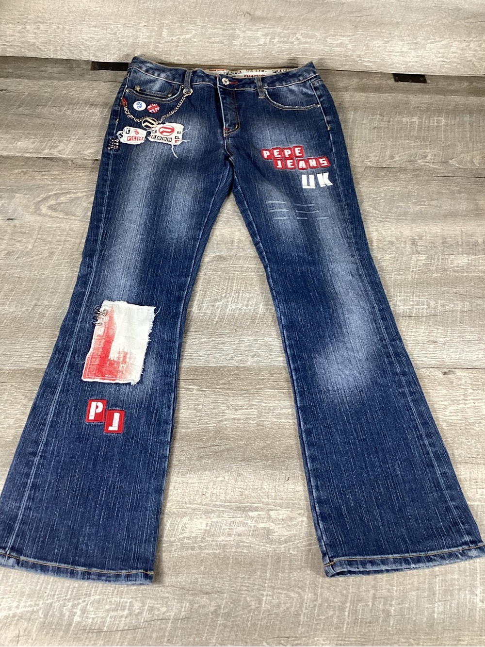 Y2K Pepe Jeans London Patchwork Embroidered Flare Jeans UK Streetwear Size 31